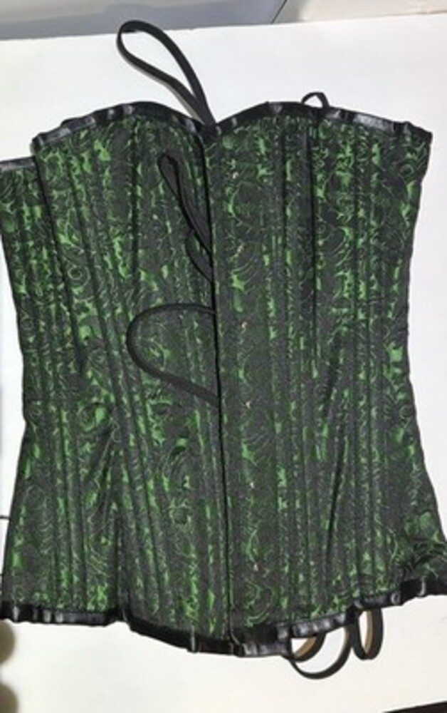 Green Brocade Overbust Corset Steel Bone Size 24 Floral And Lace